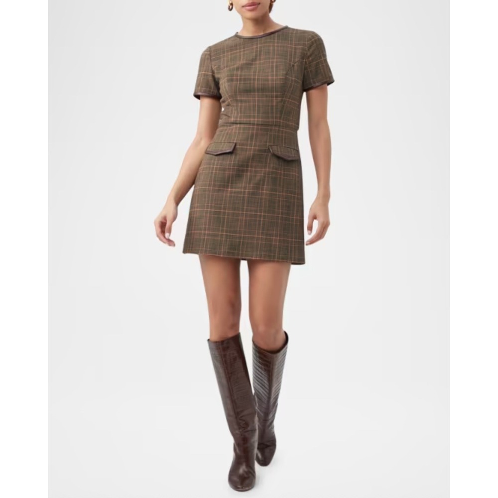 Trina Turk Adisa Plaid Faux Leather Trim Mini Dress Brown Size 8 Office